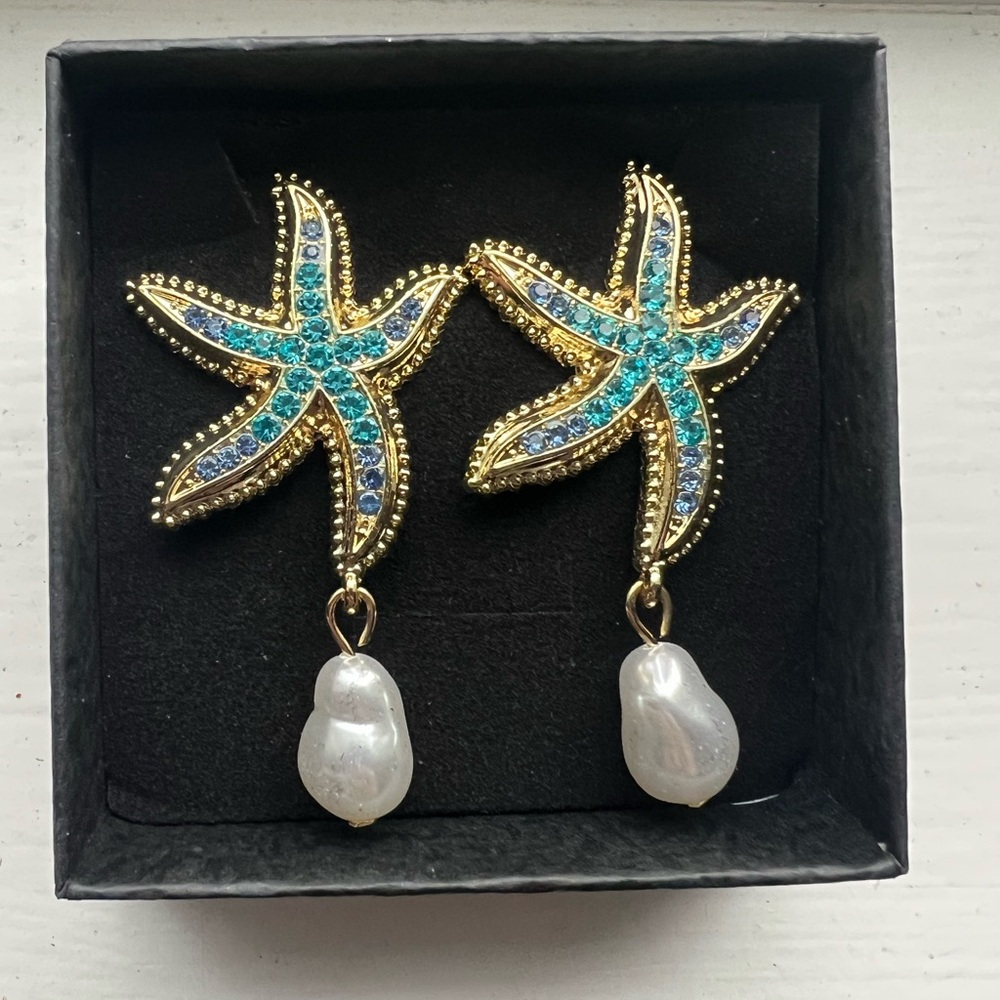 Starfish Crystal stone with pearl earrings